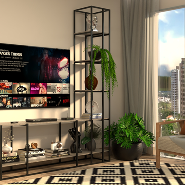 Estante De Metalon E Madeira Para Sala De Estar Waves - Cinza