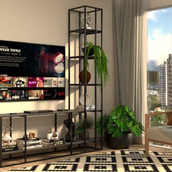 Estante De Metalon E Madeira Para Sala De Estar Waves - Preto