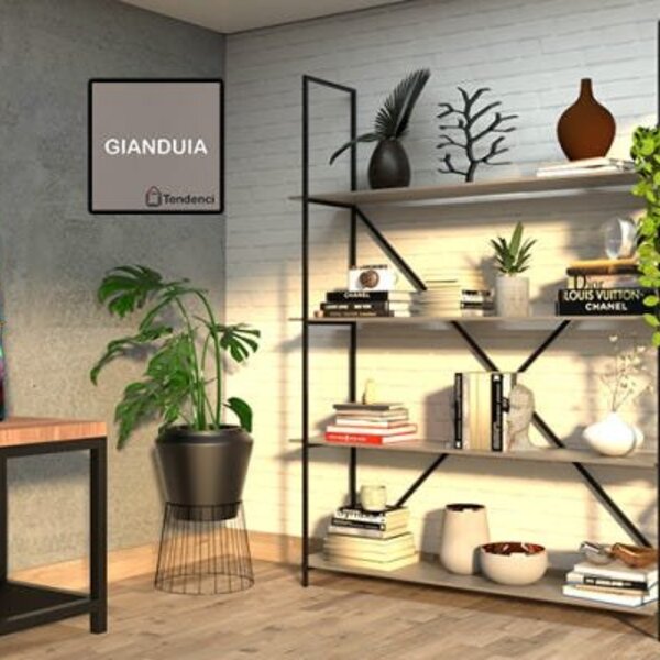 Estante De Metalon E Madeira Para Sala De Estar Wooden - Cinz