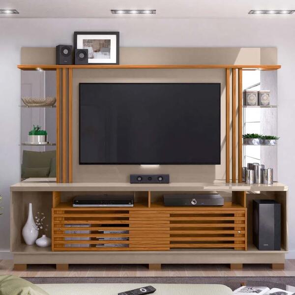 Estante Home Theater Frizz Gold Para Tv De 55 Pol Com Pés Nat