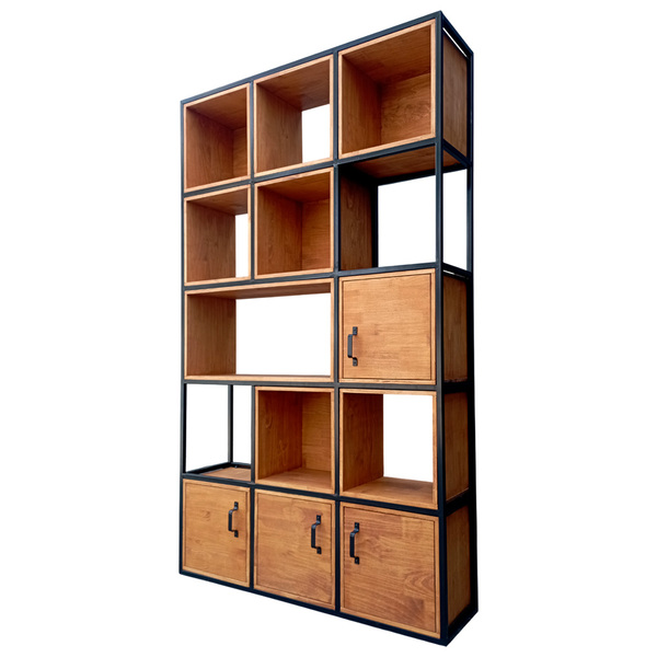 Estante Industrial Com Nichos - Ferro Em Preto E Madeira Maci