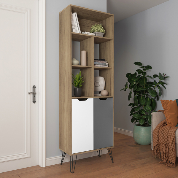 Estante de Madeira MDF e MDP com 4 Prateleiras 2 Portas Bege Estocolmo 182x60x30cm Artely