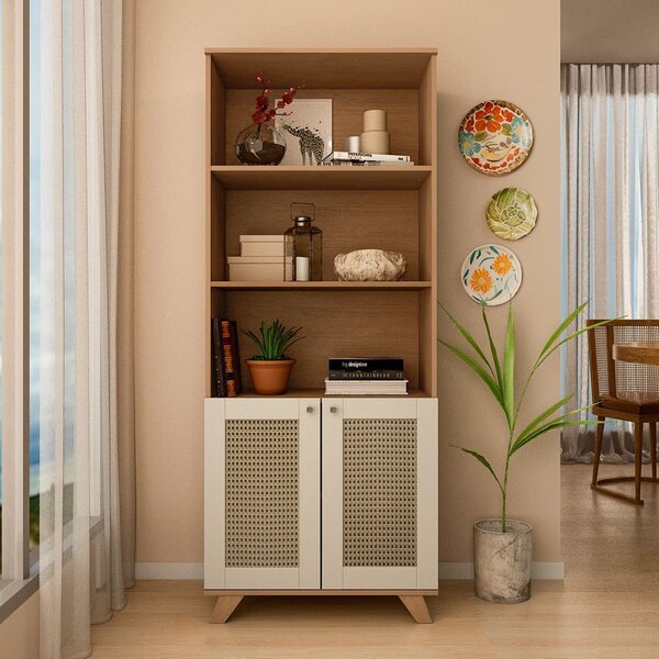 Estante Multiuso 3 Nichos, 2 Portas Com Pintura 3d Palha Tram