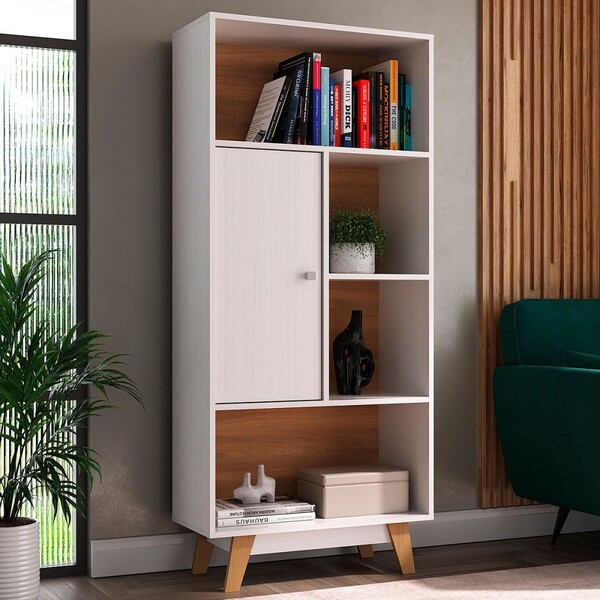 Estante Para Livros 1 Porta 4 Nichos Branco/nogal - Hecol Móv