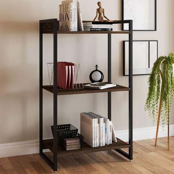 Estante Para Livros Industrial Aço 3 Prateleiras Nogal/preto