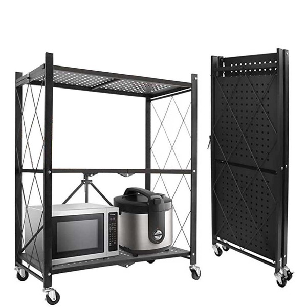 Estante Rack De Aço Dobrável Preta Com 3 Prateleiras E Rodízi