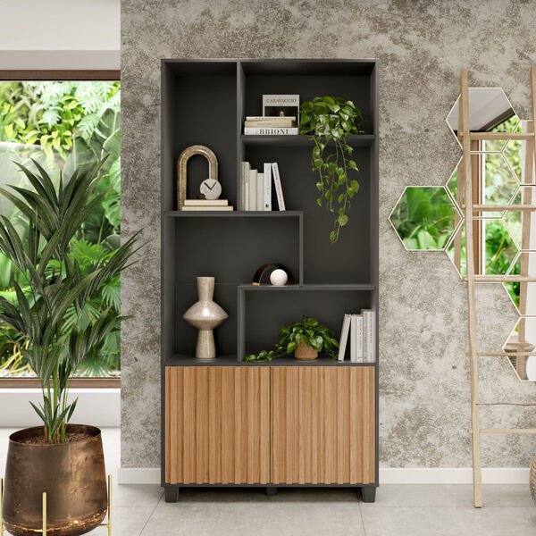 Estante Ripada Com 2 Portas Em Mdf Preto Fosco/freijó 94 X 30