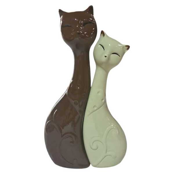 Estátua De Decoração - Casal De Gatos Em Ceramica Coração Rom