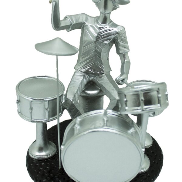 Estatueta Baterista Prata Decoração Escultura Em Resina 20cm