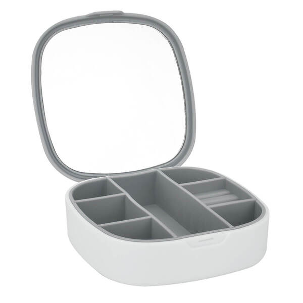 Estojo Caixinha Porta Joias Pequeno Compacto Com Espelho Cinz