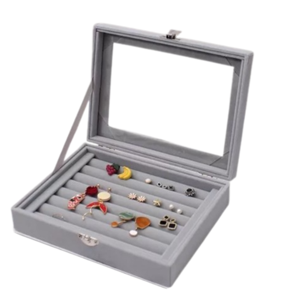 Estojo Porta Joias Tampa De Vidro Divisórias E Penduradores D