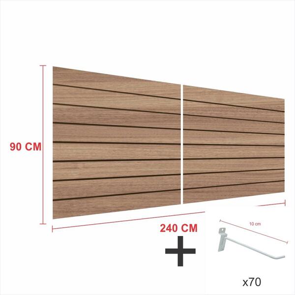 Expositor Canaletado Amadeirado 90cm P 240cm 70 Ganchos 10cm