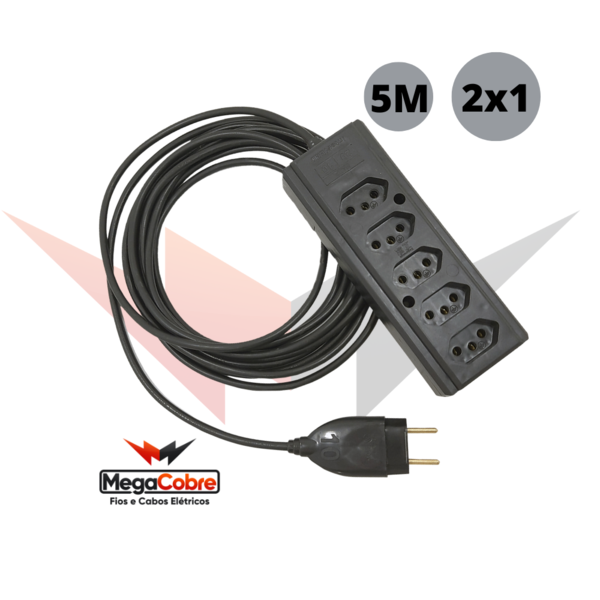 Extensão 5 Entradas Cabo Preto Capa Dupla Com 5 Metros