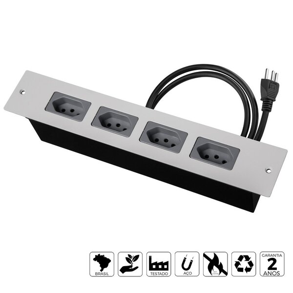 Extensão Caixa De Tomada Embutir Em Aço 4 Tomadas 10a Brasil
