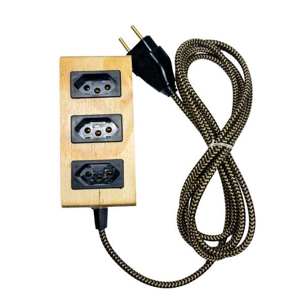 Extensão Decorativa Madeira Bolinhas Cabo 3 Metros 3 Tomadas