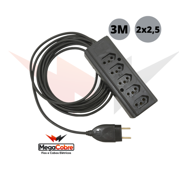 Extensão Eletrica 5 Entradas De Cabo Pp 2x2,5mm Com 3 Metros