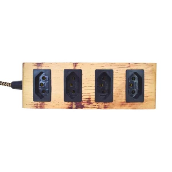 Extensão Elétrica Decorativa Madeira 4 Tomadas Cabo Tecido 3