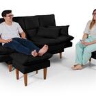 Fá Cama Andorra Com Banqueta Suede Preto 3 Posições Pés Madei