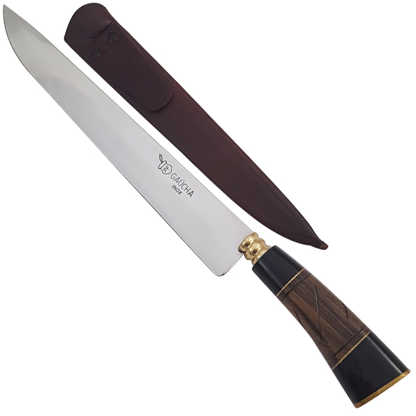 Faca 10 Polegadas Aço Inox Cabo De Madeira Bainha De Couro