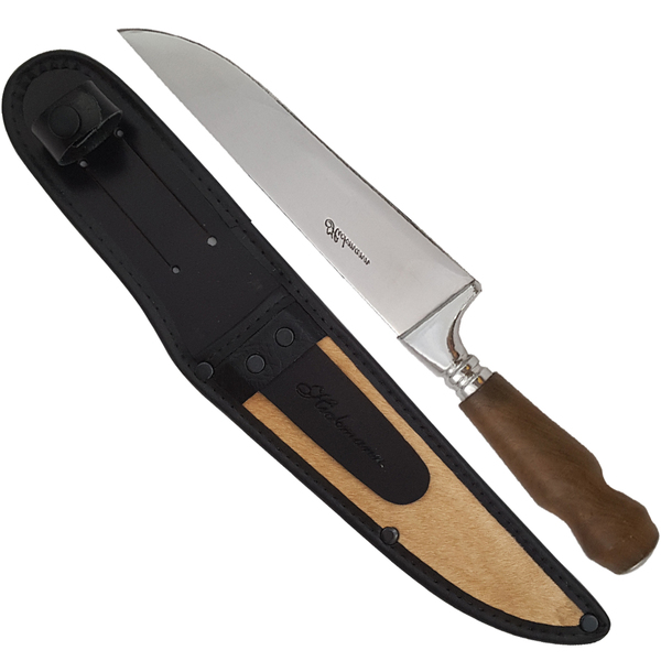 Faca Aço Inox  8'' Com Bainha Couro E Pelo Cabo de Madeira Cl