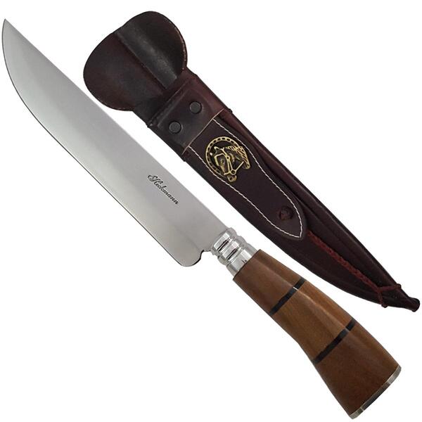 Faca Facão 8'' Aço Inox Cabo Curvo De Madeira Com Bainha