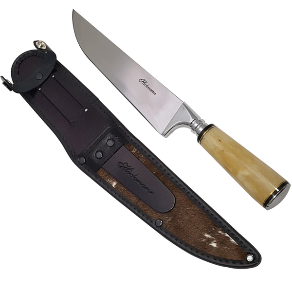 Faca Hickmann 8'' Aço Inox Cabo De Osso Bainha Couro E Pelo