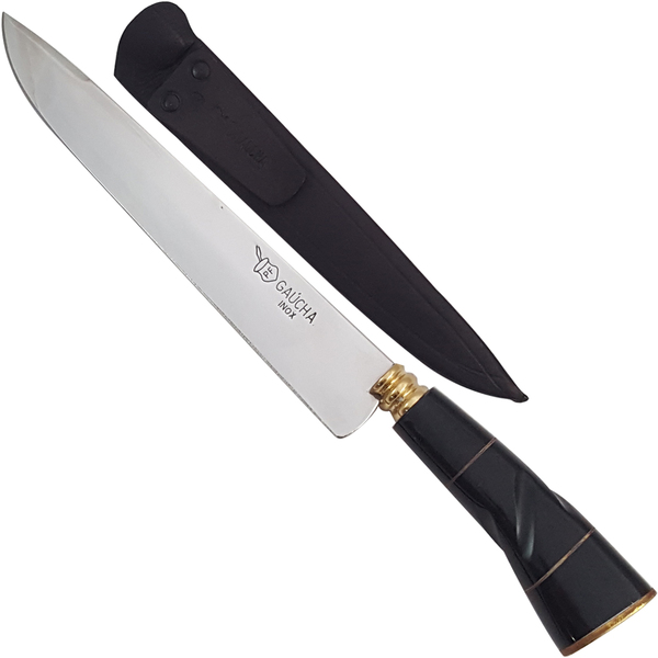 Faca N 9 Churrasco Aço Inox Cabo Chifre Curvado Bainha Couro