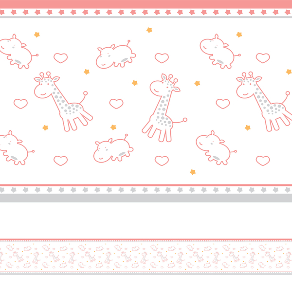 Faixa Decorativa Infantil Girafa e Hipopótamo Rosa 6mx15cm