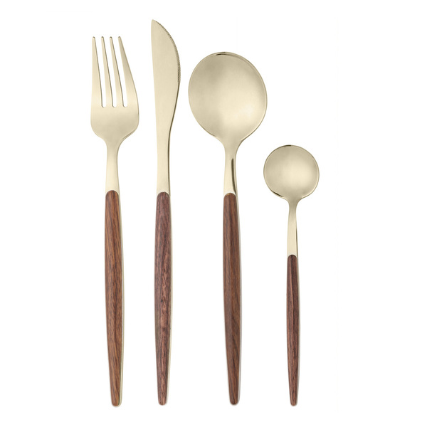 Faqueiro 24 Peças Organic Dourado Com Cabo Estampa De Madeira