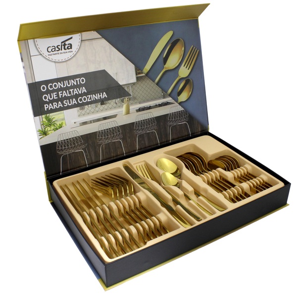 Faqueiro Dourado Inox 24pç Premium Com Caixa Organizadora