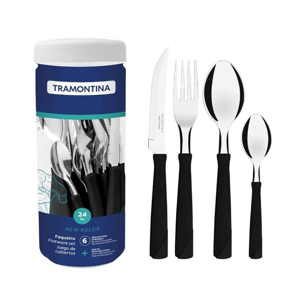 Faqueiro Tramontina New Kolor 24 Peças Preto Aço Inox No Pot
