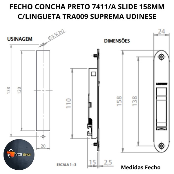 Fecho Concha Preto 7411/a Slide 158mm C/lingueta Suprema Tra009