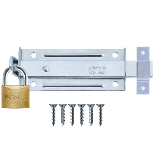 Ferrolho Trinco Tarjeta Fecho Chato 10cm + Cadeado 25mm Para