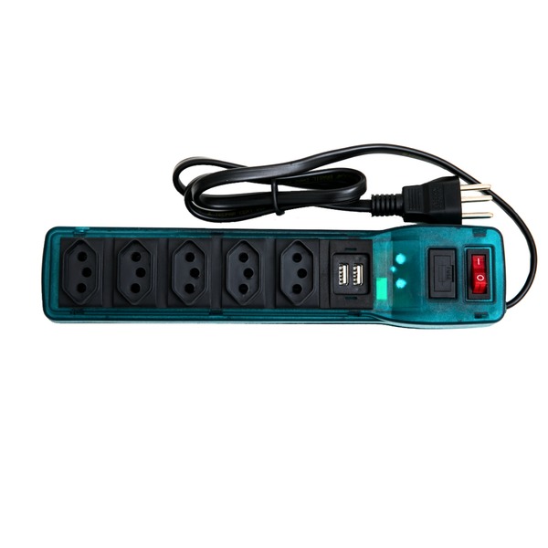 Filtro De Linha 5 Tomadas + 2 Usb Plástico Azul Bivolt 127/22