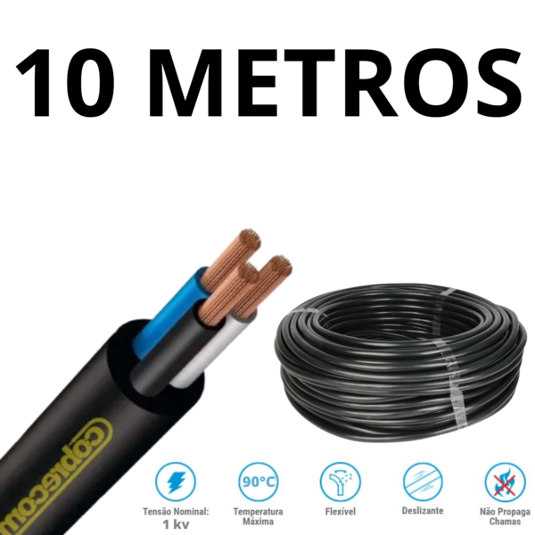 Fio Cabo Energia Elétrica Pp 3 Vias De 4mm 10 Metros 3x4mm