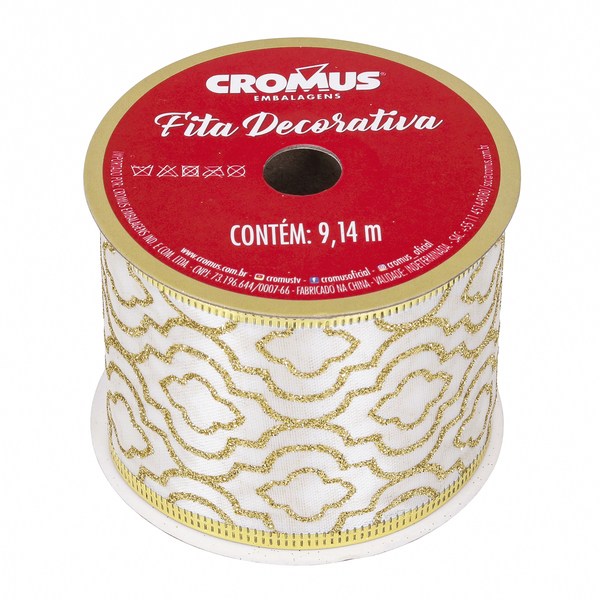 Fita Decorativa de Natal Comeia Branca e Dourada 6,3cmx9,14m Cromus