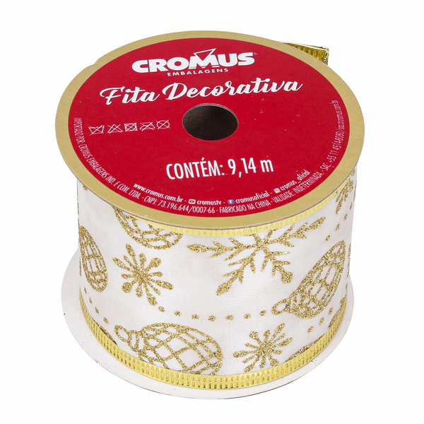 Fita Decorativa de Natal Flocos Branca e Dourada 6,3cmx9,14m Cromus