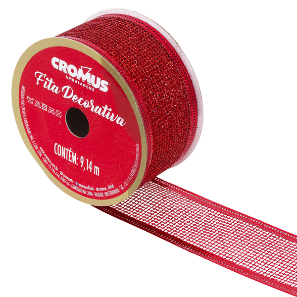 Fita Decorativa de Natal Glitter Vermelha 3,8cmx9,14m Cromus