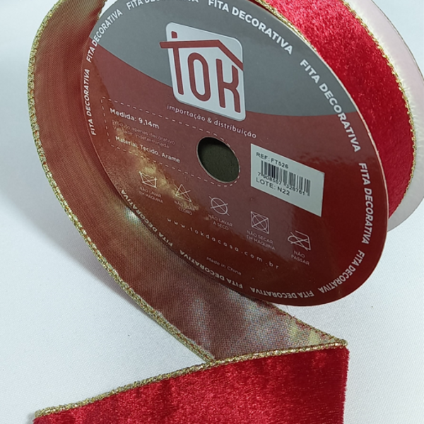 Fita Decorativa Vermelha Veludo Lisa Com Borda Dourada