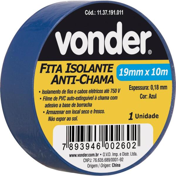 Fita Isolante Pvc 19mmx10m Azul Anti Chama Peça Vonder