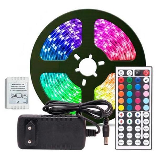 Fita Led Rgb 3528 Rolo 5m Leds Com Fonte Controle Decoração