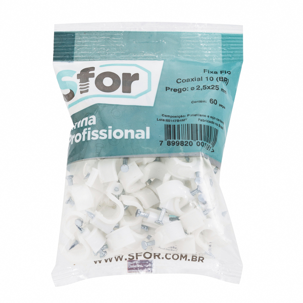 Fixa Fio Coaxial 10 2,5x25 Branco com 60 Unidades Sforplast
