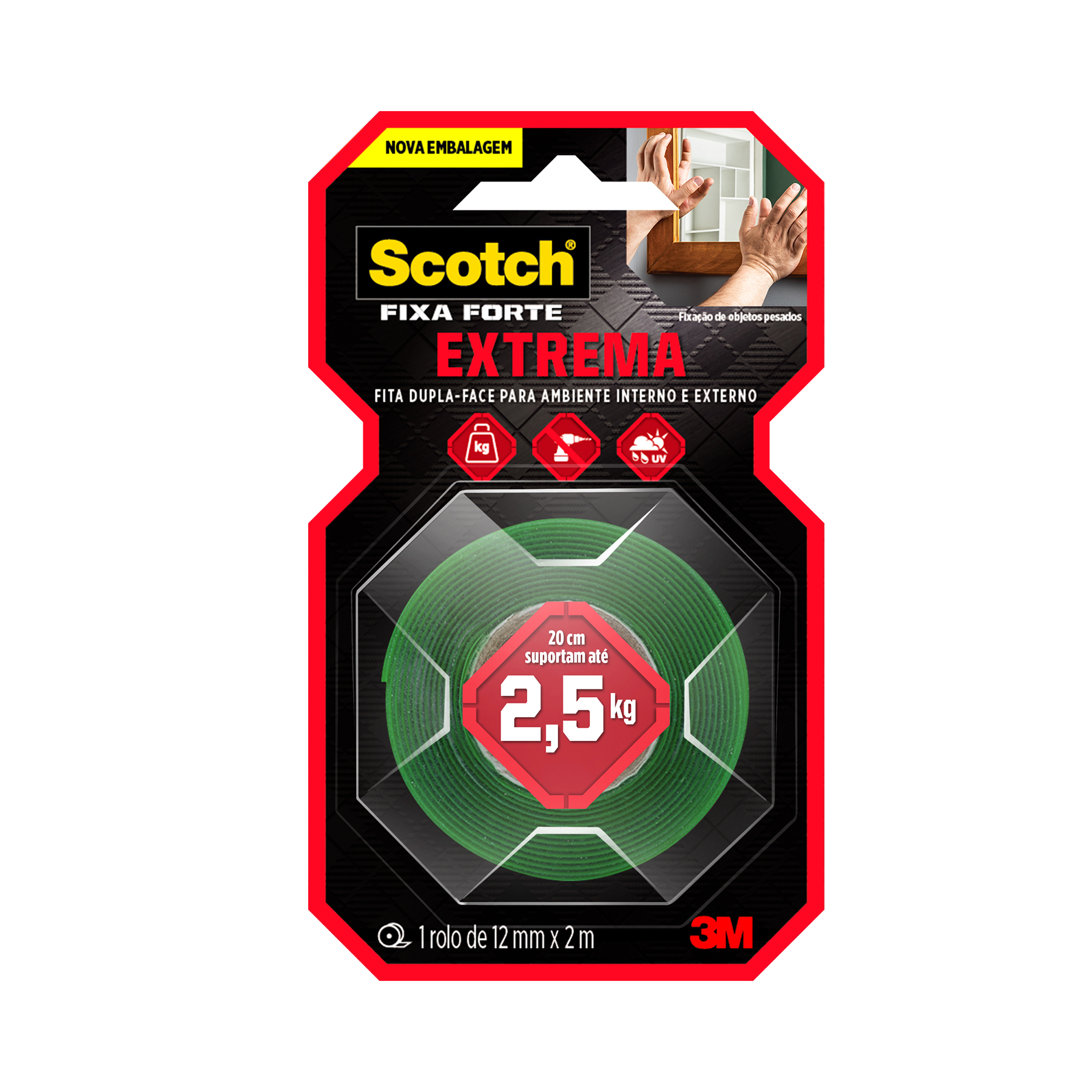 Fixa Forte Extreme 12mmx2m – 20 cm de Fita Suporta até 2,5kg