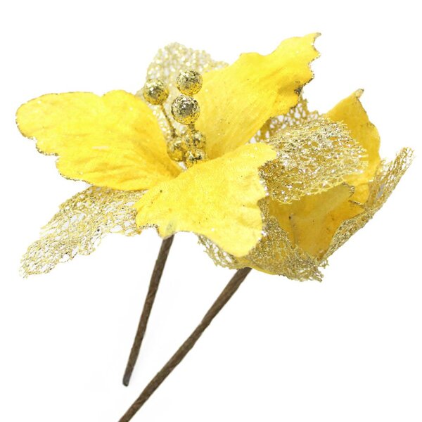 Flor Com Cabo Artificial Decoração De Natal Com Glitter 27cm
