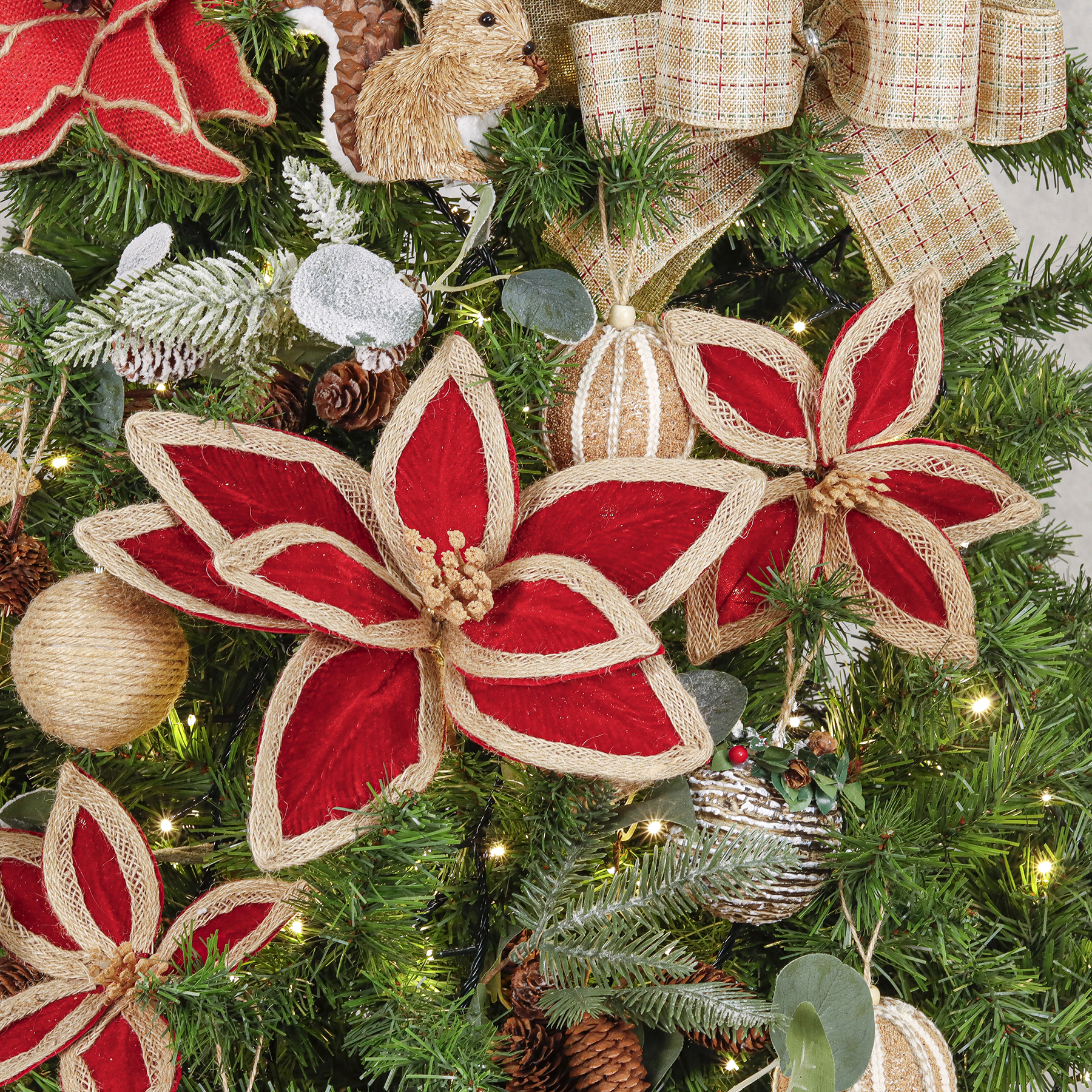 Flor de Natal Poinsétia Vermelha e Marrom Tecido 35x30x30cm Cromus