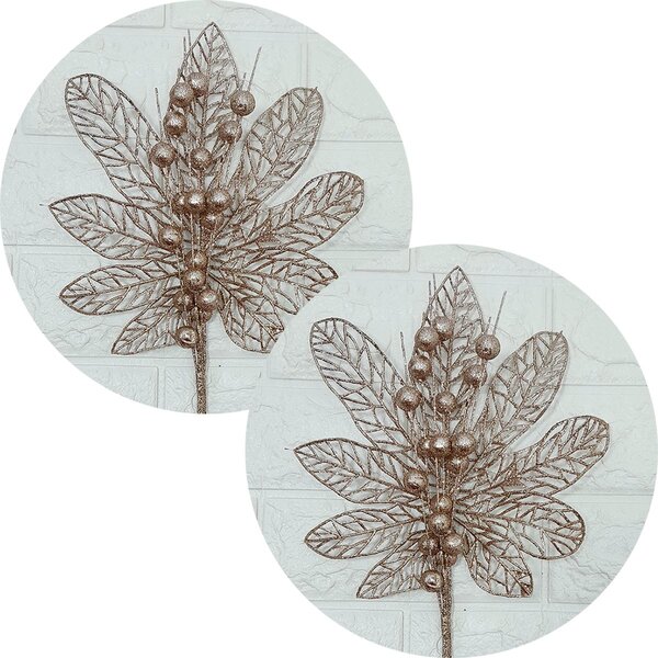 Flores Enfeite Árvore Natal Gliter Rose Gold 45cm Kit 12pçs