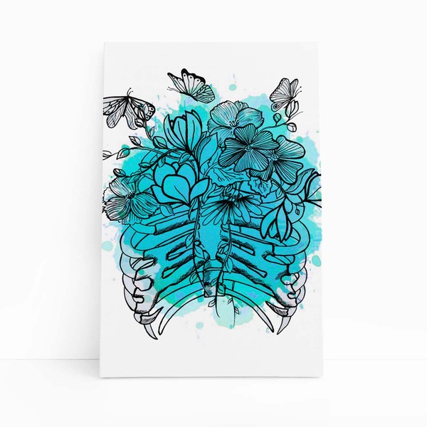 Flores Esqueleto Aquarela Azul Tinta Quadro Canvas 100x70cm