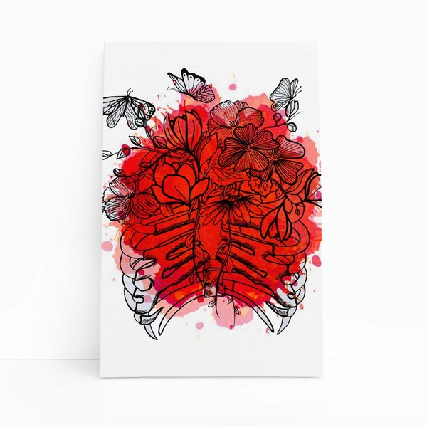 Flores Esqueleto Aquarela Vermelho Quadro Canvas 100x70cm
