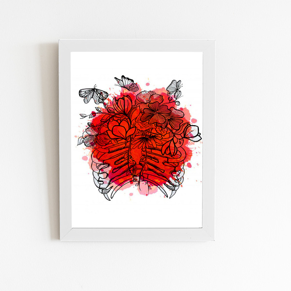 Flores Esqueleto Vermelho Quadro Moldura Branca 60x40cm