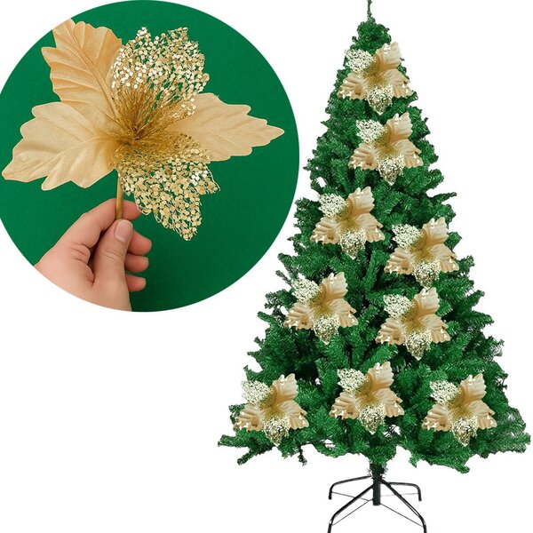 Flores Ramo Galho Enfeite Árvore Natal Dourado 18cm Kit 12pç